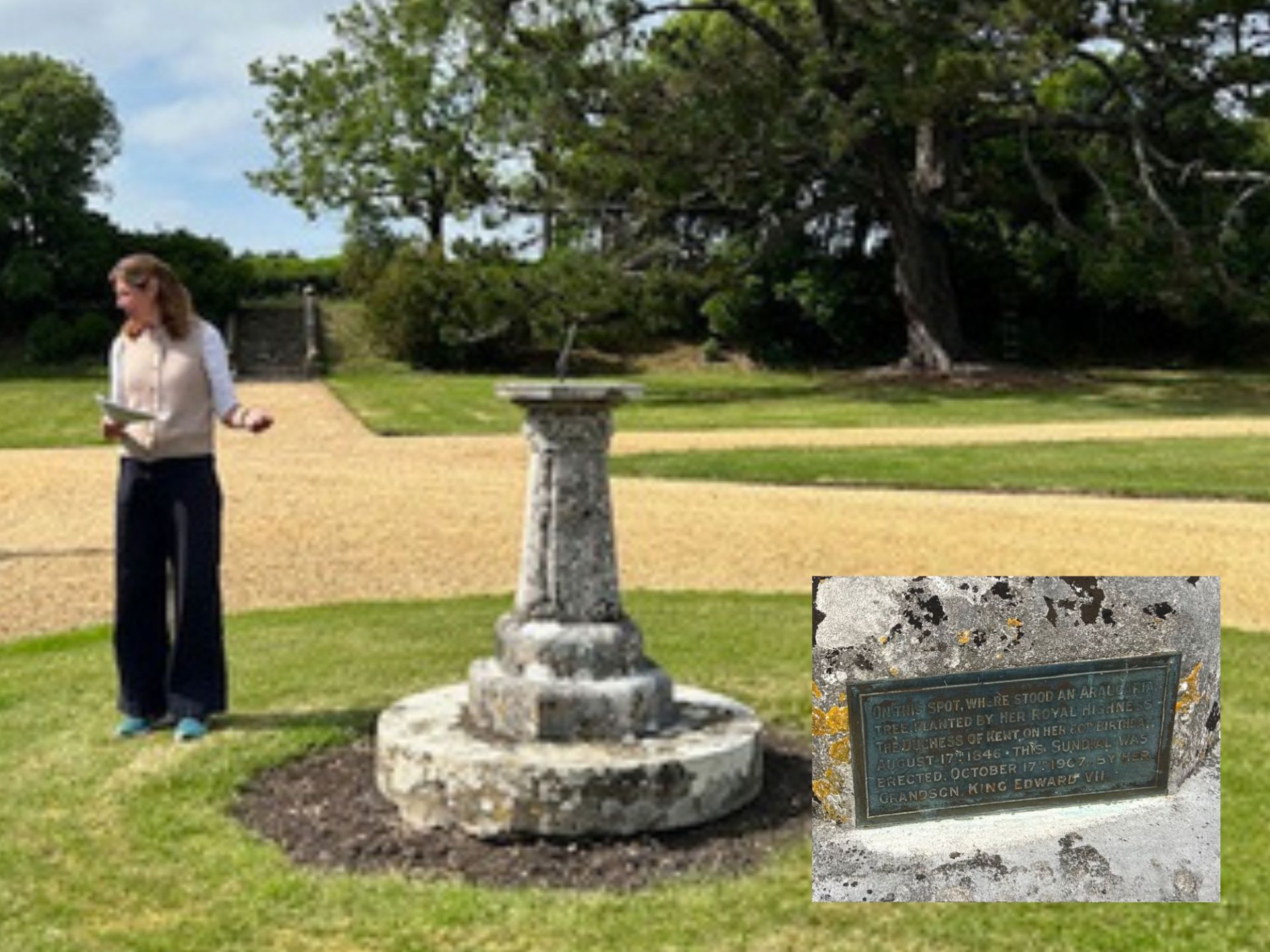 Dawn points out the sundial which was erected by King Edward VII in 1907.
